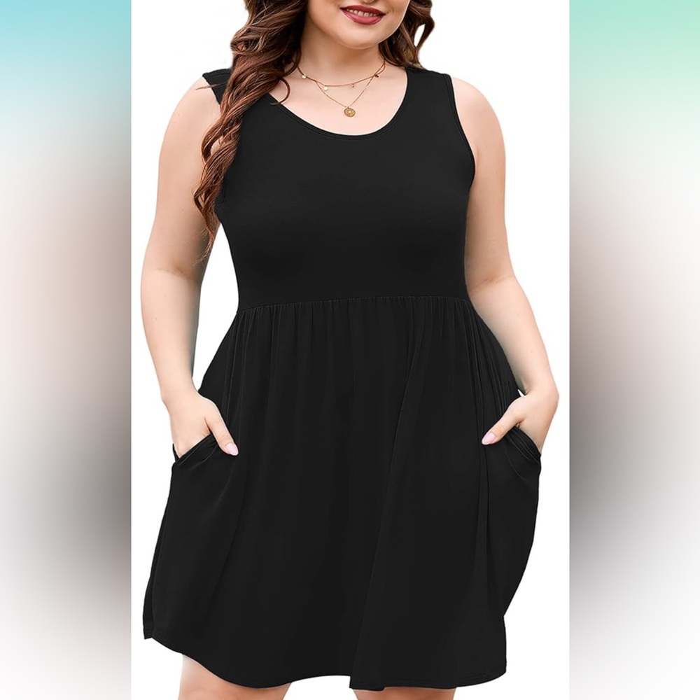 AusLook Sleeveless Crewneck Pleated Babydoll Dress With Pockets Size 1X